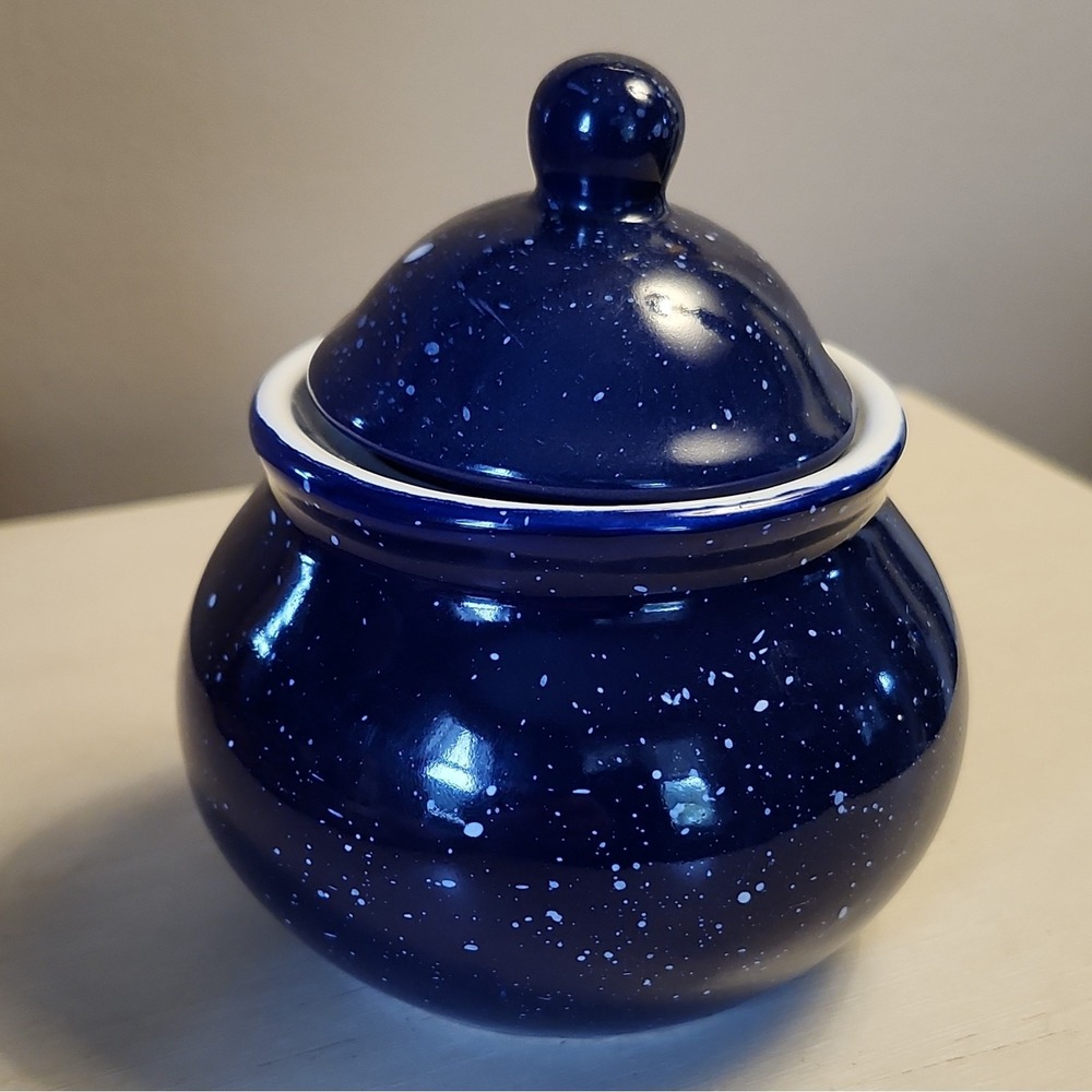 Blue White Speckled Ceramic Porcelain Canister Jar with Lid, Round 4.5 in - Picture 2 of 6
